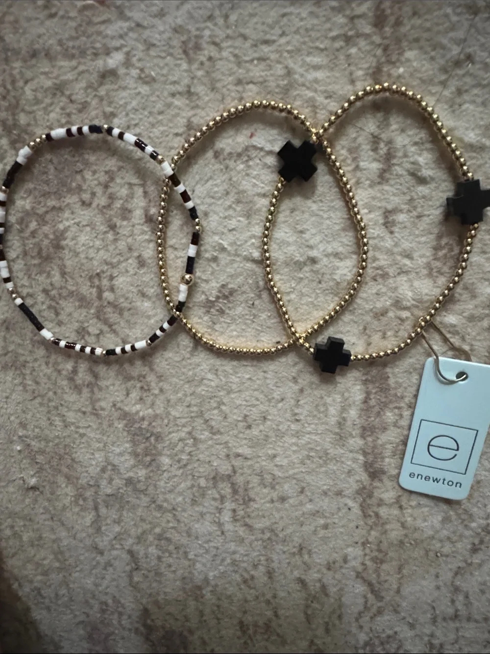 Newton Black, White & Gold Beaded Cross Stretch Bracelet Set